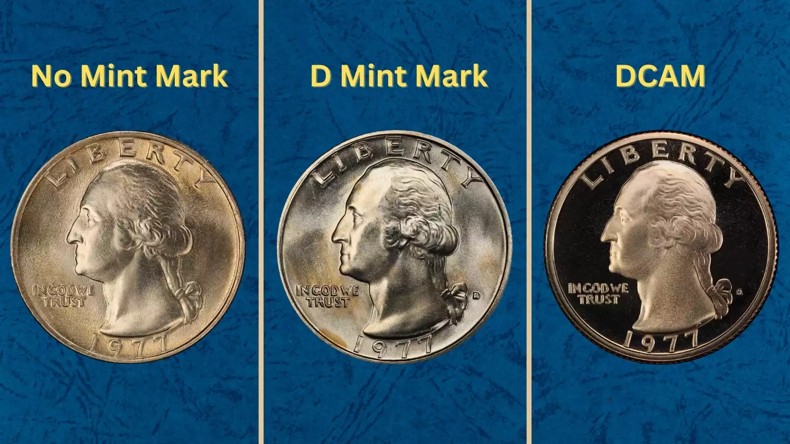 Grading strip showing four 1977 Washington Quarters from heavily worn to gem uncirculated condition side by side