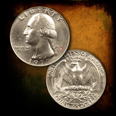 Side-by-side comparison of standard 1977-D clad quarter edge (copper band visible) versus rare silver planchet error (no copper band)