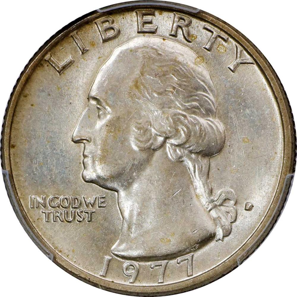 1977-D quarter struck on 40% silver planchet showing edge without copper band diagnostic feature