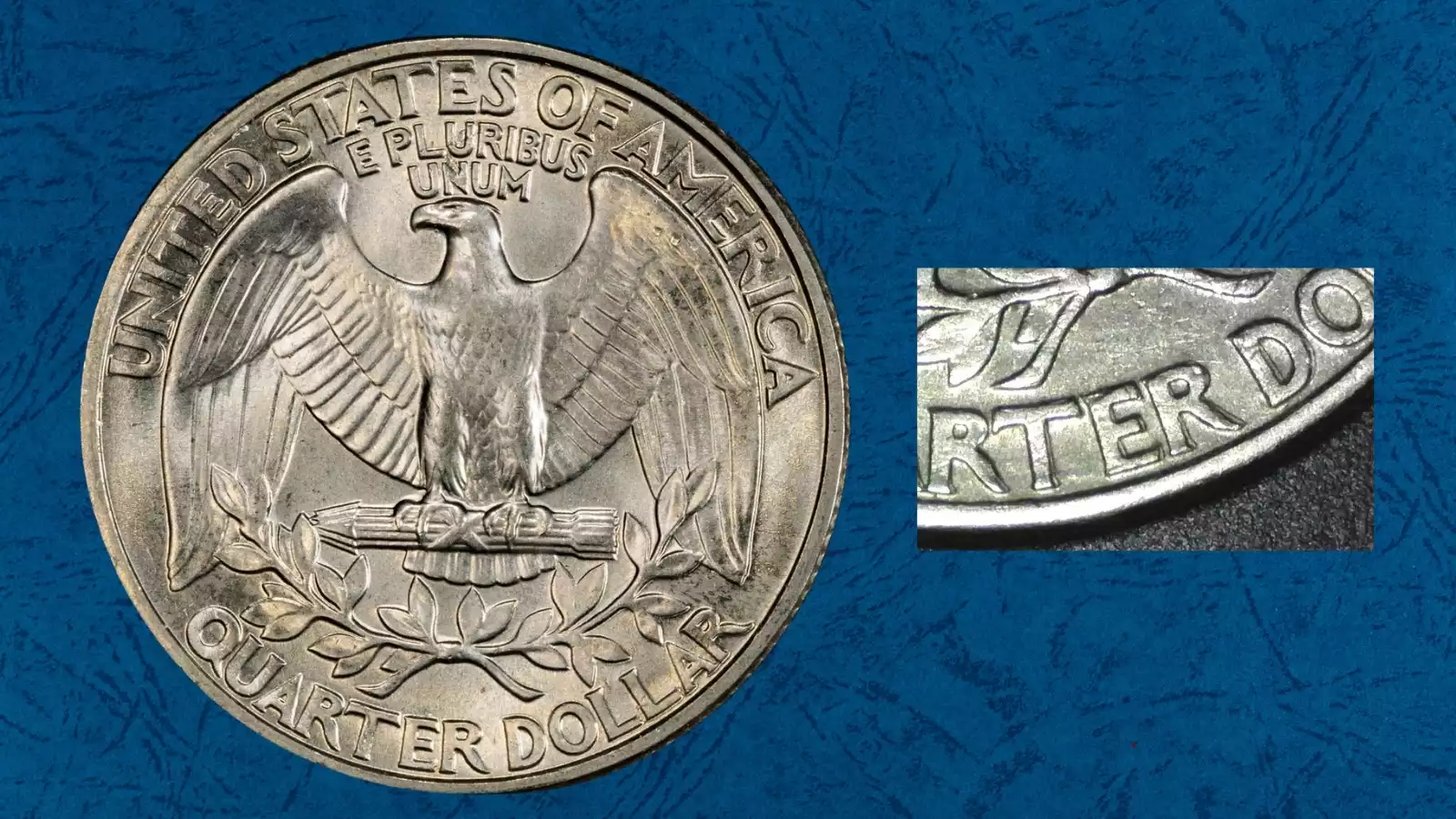 1977 quarter obverse close-up showing minor hub doubling visible on LIBERTY lettering under magnification