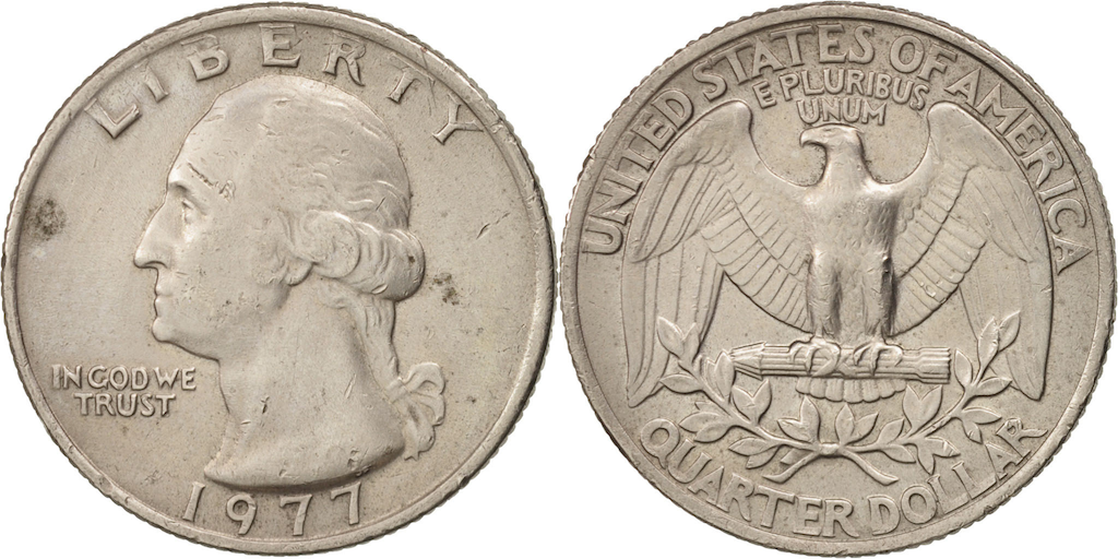 Group of 1977 Washington Quarters showing Philadelphia no-mark, Denver D, and San Francisco S proof examples